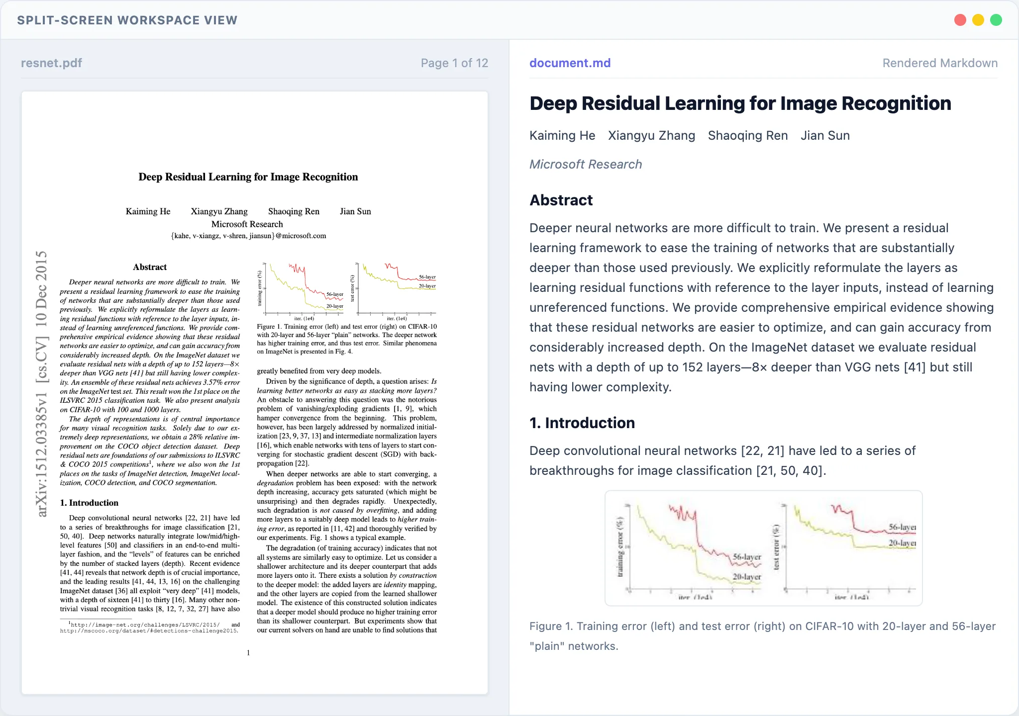 paper2md split-screen workspace: the original ResNet paper PDF on the left, and the converted Markdown on the right with the title, abstract, and extracted Figure 1 rendered cleanly